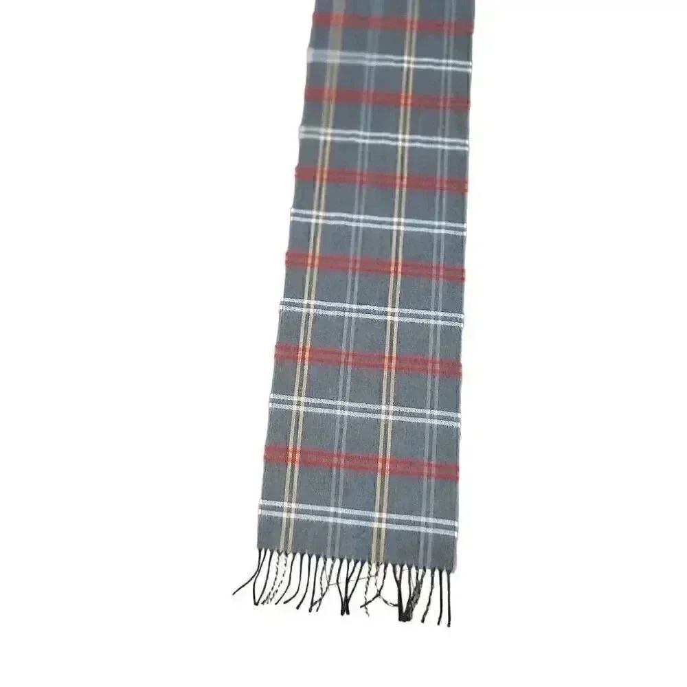DNY Adult Softer than Cashmere Gray/Red Plaid w Fringe 12" x 66" EUC